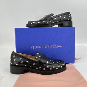 Stuart Weitzman Palmer Bold Stud Loafer Black Size 8.5 Leather Penny Round Toe